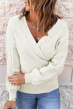 Beige Wrap V Neck Bishop Sleeve Knit Sweater - Kevous