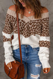 Cheetah Color Block Rib Trim Off Shoulder Pullover Sweater - Kevous