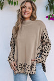 Khaki Leopard Casual Side Slit High Neck Oversized Sweater - Kevous
