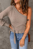 Khaki Side Tie One Shoulder Knit Sweater - Kevous