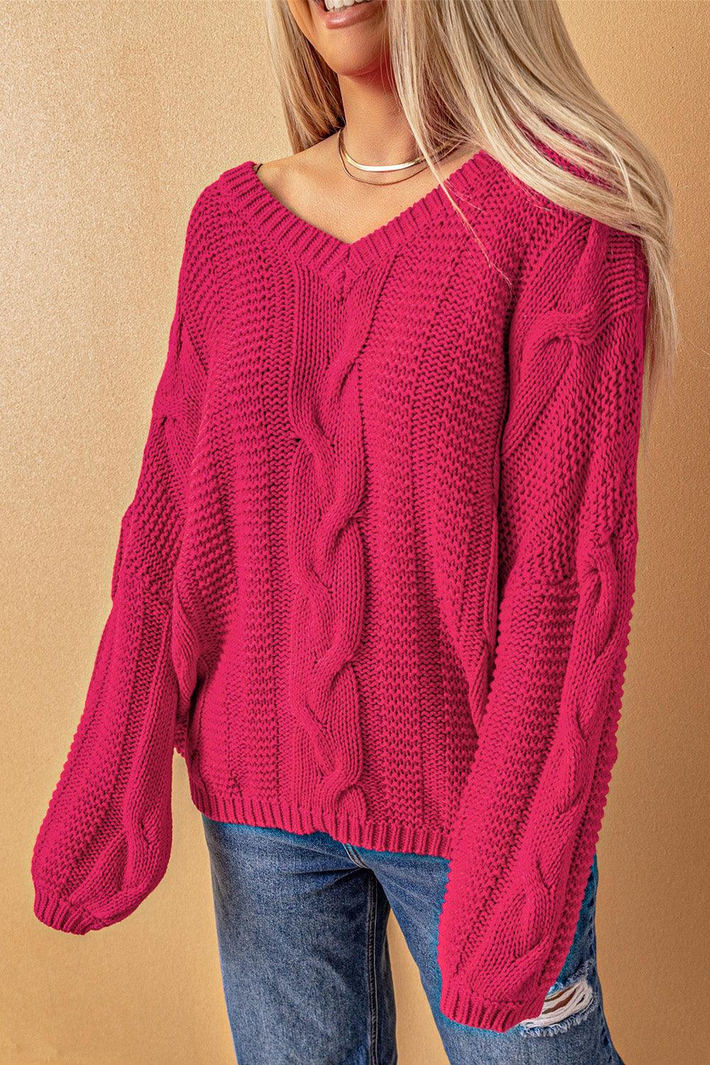 Rosy V Neck Pullover Long Sleeve Cable Knit Sweater - Kevous