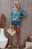 Frill Button Front Casual Blue Crinkled Blouse Top for Women