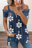 Blue Floral Print Lace Contrast Zipped Cold Shoulder T Shirt
