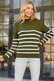 Knit Mock Neck Buttoned Drop Shoulder Striped Sweater - Kevous