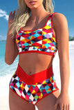 Red 2pcs Geometric Print Notch High Waisted Bikini