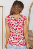 Red Floral Print Ruffled Mock Neck Sleeveless Top