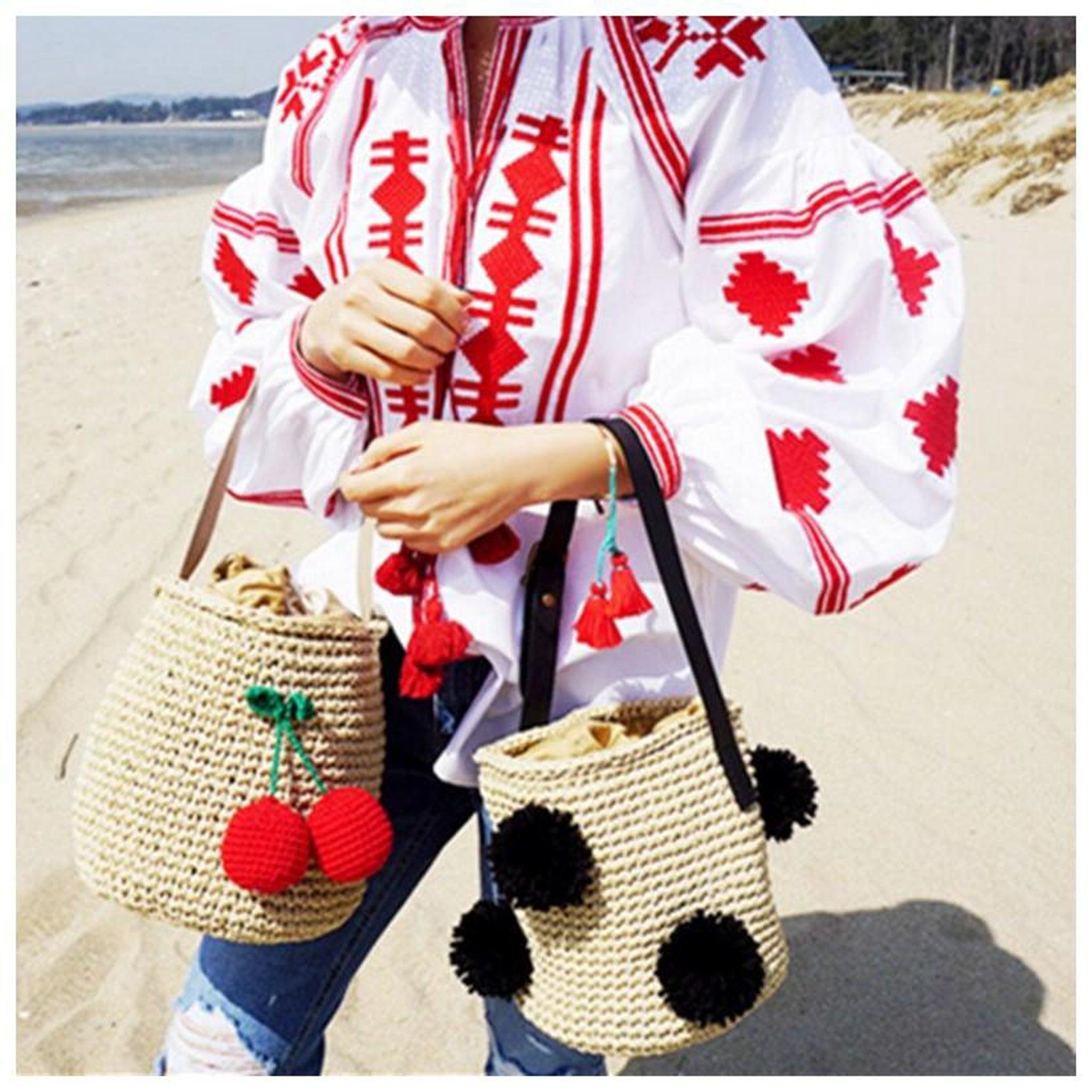 Cherry Pompon Cylinders Style Handbags - Kevous