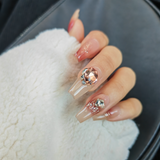 Pink Nude Press on Nails Long Coffin with Large Crystals