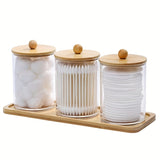 3-Piece Wooden Qtip Jar Set with Tray & Lids - Perfect for Bathroom Storage & Organization