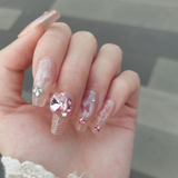 Y2K Butterfly Glitter Pink Fake Nails with Large Crystals