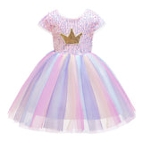 Seindeal Girls Crown Sequins Dress Summer Rainbow Tulle Grils' Dresses Kids Princess Dress for Cosplay Wedding Birthday Party Casual Outfits Clothing 2-10 Years