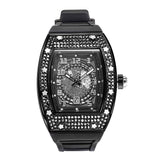 Hip Hop Men Watches Luxury Black Diamond Automatic Date Watch Sport Rubber Strap Waterproof