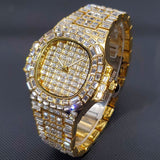 Gold Full Diamond Mens Watch Iced Out Bling Quartz Wristwatch Stainless Steel