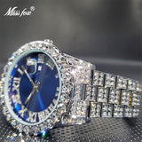 Luxury Brand 18k Gold Royal Blue Dial Super Bling Bling Diamond Business Calendar Quartz Watch