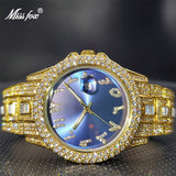 Gold Dimaond Royal Blue Sunbrust Dial Elegant Watch Calendar Waterproof