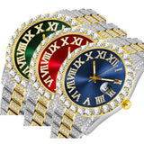 フルアイスアウト腕時計男性用青赤緑 Dail ヒップホップメンズ腕時計ファッションクールブリンブリンダイヤモンド高級メンズ腕時計