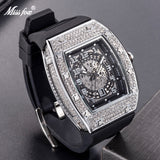 Hip Hop Men Watches Luxury Black Diamond Automatic Date Watch Sport Rubber Strap Waterproof