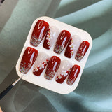 Flower Glittering Red Coffin Press On Nails Set