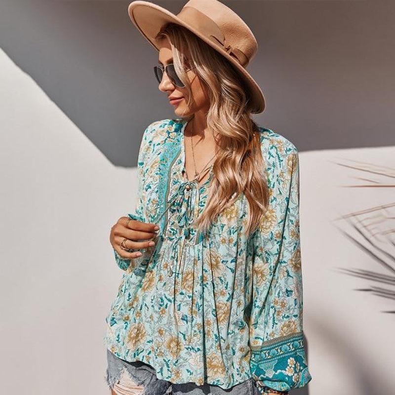 Floral Print Chiffon Boho Blouse - Kevous