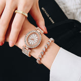 1pc Rhinestone Decor Quartz Watch Oval Pointer Flower Pattern Dial Wristwatch