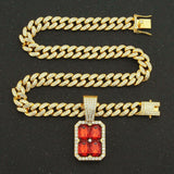 Iced Out Cuban Chains Bling CZ Diamond Ruby Rubine Rhinestone Red Stone Pendants Mens Necklaces Miami Gold Chain Jewelry for Men