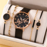 5pcs Women's Fashion Round Pointer Butterfly Quartz & Bracelet Watch Set