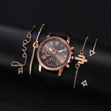 Watch+Bracelet 5 pcs Ladies Quartz Leather Strap WristWatch Bracelet Set