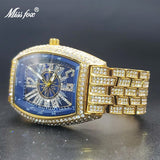 Gold Big Wrist Ice Drop Sparkly Tonneau Style Hip Hop Male Quartz Watch