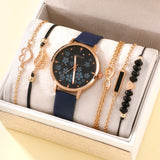 Fashion Fine Women's Leather Watches Elegant Blue Temperament Quartz Watches With Ladies Alloy Bracelet 5 Pieces (Without Box)