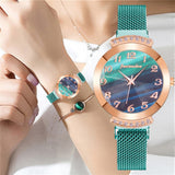 アラビア数字磁気ストラップファッションラインストーングリーンダイヤルクォーツ時計