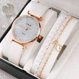 2 Piece Ladies Set Fashion Starry Dial Bracelet Women's Leather Strap Quartz WristWatch