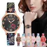 Vintage Floral Printed Casual Ladies Leather Strap Quartz Wristwatch