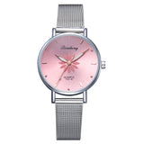 高級シルバー人気のピンクダイヤル花メタルレディースブレスレットクォーツ時計