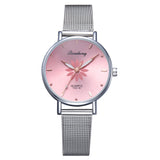 Luxury Silver Popular Pink Dial Flowers Metal Ladies Bracelet Quartz Clock