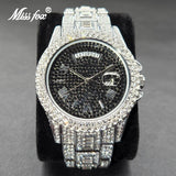 MISSFOX Hip Hop Diamond Mens Watches Luxury Silver Stainless Steel Quartz Watch
