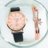 ファッションレザーフラワーダイヤルローズゴールドダイヤルレディースクォーツ時計腕時計ギフトブレスレット付き