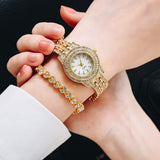 2 PCS Gold Luxury Rhinestone Quartz Bracelet Watch