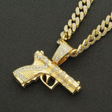 Iced Out Cuban Chains Bling Diamond Pistol Handgun Shooter Rhinestone Pendants Mens Necklaces Gold Chain Charm Jewelry for Men