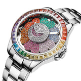 Novelty Watch For Men Funny Rotating Sunflower Dial Stainless Steel Quartz Wristwatch Trendy Diamond Bezel Waterproof