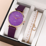 2 Piece Ladies Set Fashion Starry Dial Bracelet Women's Leather Strap Quartz WristWatch