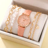 Ladies Pink Leather Watch Elegant Dress Quartz Watch With Fine Pearl Bracelet 3 Pieces