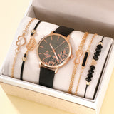 Women's Leather Quartz Watch Casual Leather Fashion Watch With Hollow Heart Leaf Bracelet 5 Pieces(NO BOX)