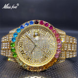 18K Gold Rainbow Bezel Ice Out Diamond Fashion Couple Watch