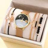 6PCS Women's Leather Watch Simple Dial Quartz WristWatch