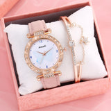 Butterfly Dial Bracelet Watch Set Leather Band Quartz Wristwatch