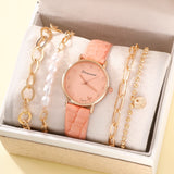 Ladies Pink Leather Watch Elegant Dress Quartz Watch With Fine Pearl Bracelet 3 Pieces