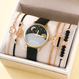 6PCS Women's Leather Watch Simple Dial Quartz WristWatch