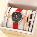 Fashion Fine Women's Leather Watches Elegant Blue Temperament Quartz Watches With Ladies Alloy Bracelet 5 Pieces (Without Box)