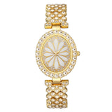 1pc Rhinestone Decor Quartz Watch Oval Pointer Flower Pattern Dial Wristwatch