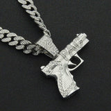 Iced Out Cuban Chains Bling Diamond Pistol Handgun Shooter Rhinestone Pendants Mens Necklaces Gold Chain Charm Jewelry for Men